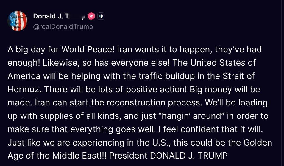 特朗普：世界和平的大日子！伊朗希望这（和平）能实现，他们已经受够了！同样，其他所