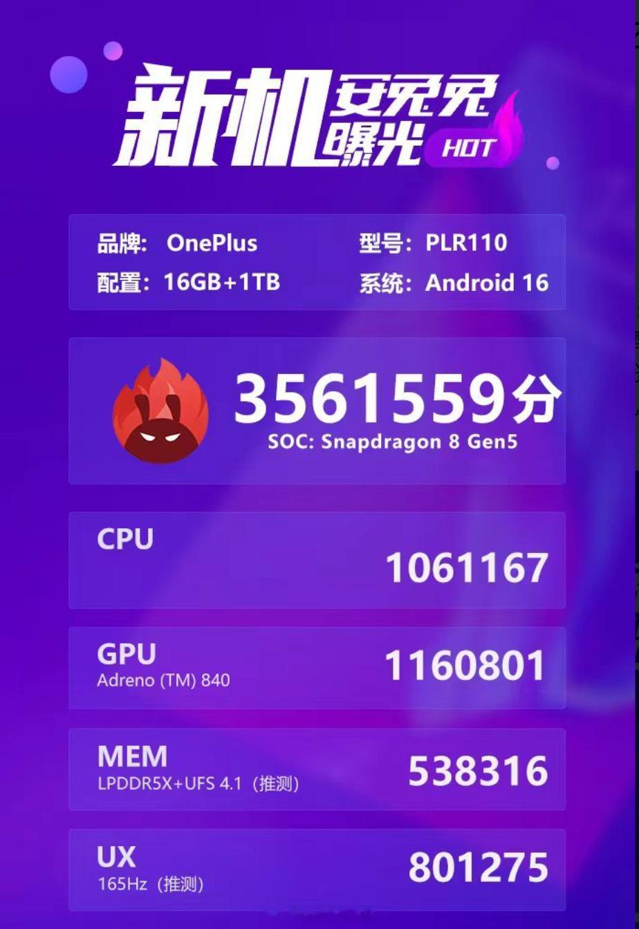 一加 Ace 6T 安兔兔跑分曝光 ，V11 版本 365 万分，处理器是骁龙 