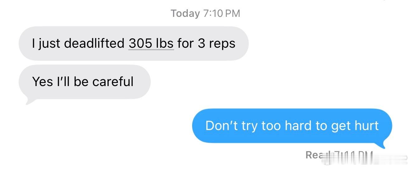 小同学刚刚发短信，告诉我他举重305磅，做了三个Reps。我第一时间给他回短信，