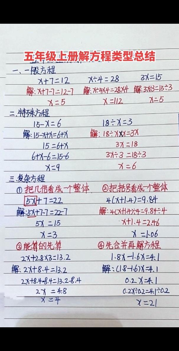 五年级上册数学解方程是重难点 老师总结了解方程式常见的几种题型