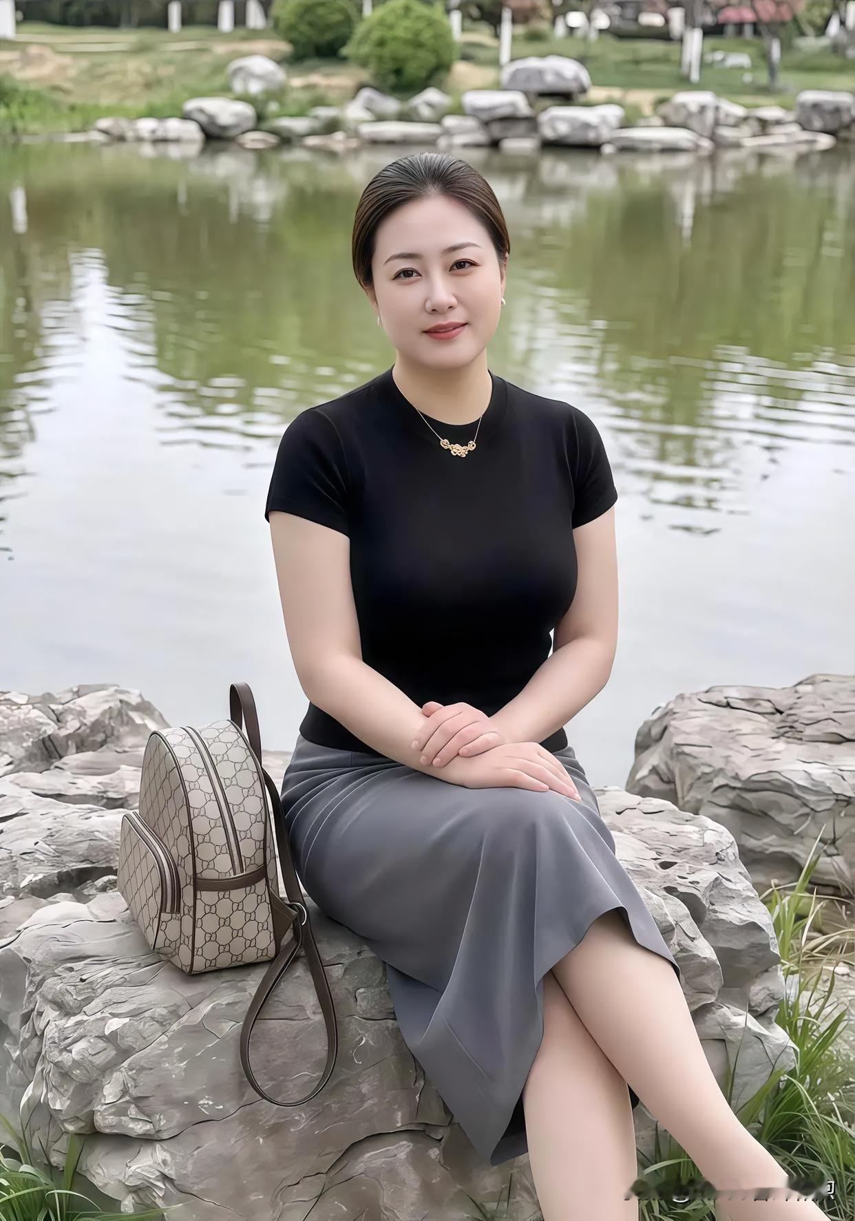 时尚穿搭临水而坐，黑衣灰裙，静听湖光山色。