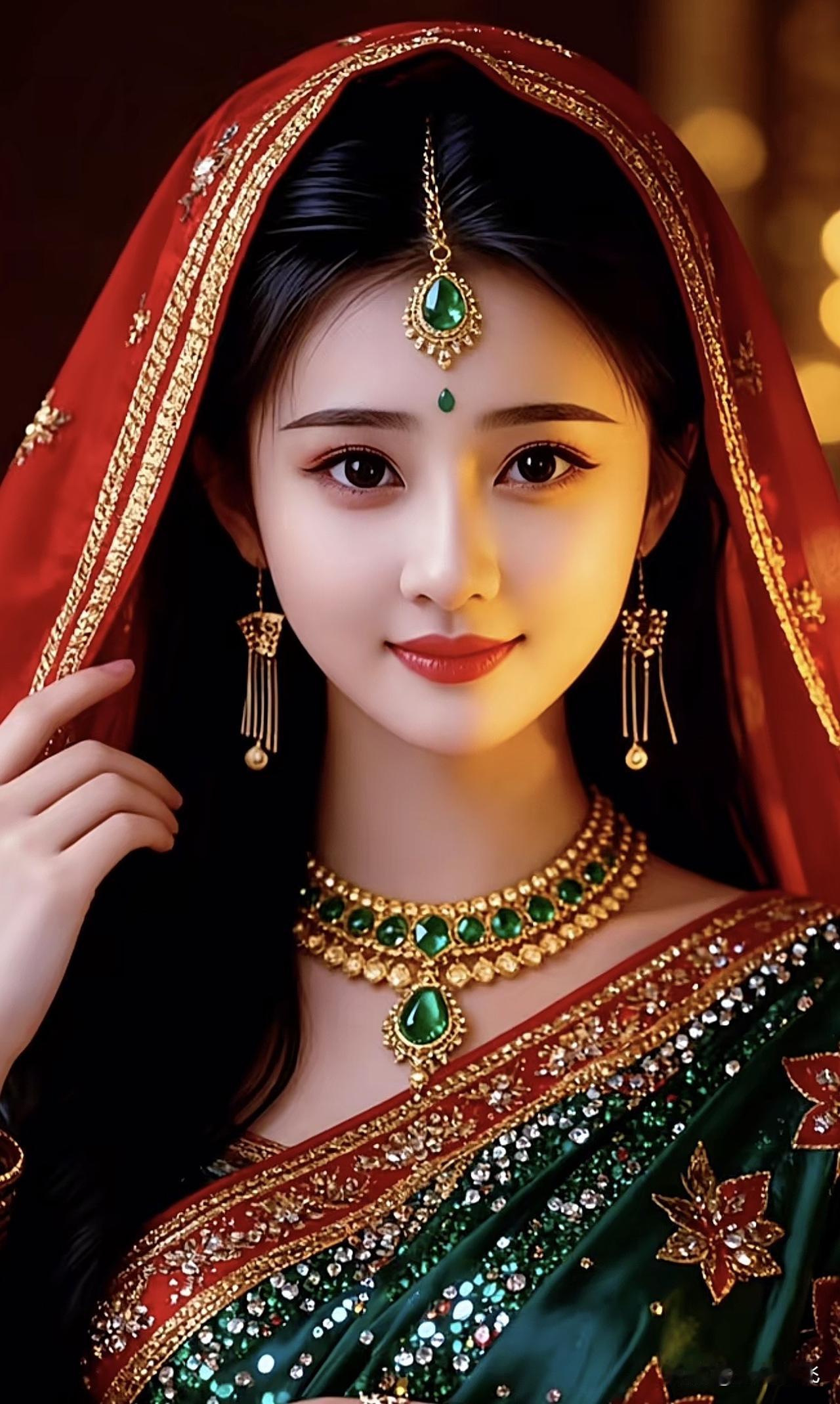 红衣美人笑，绿宝石映眼眸。红衣女拍照 红装美人照 红衣清韵 红装美人照 红衣清韵