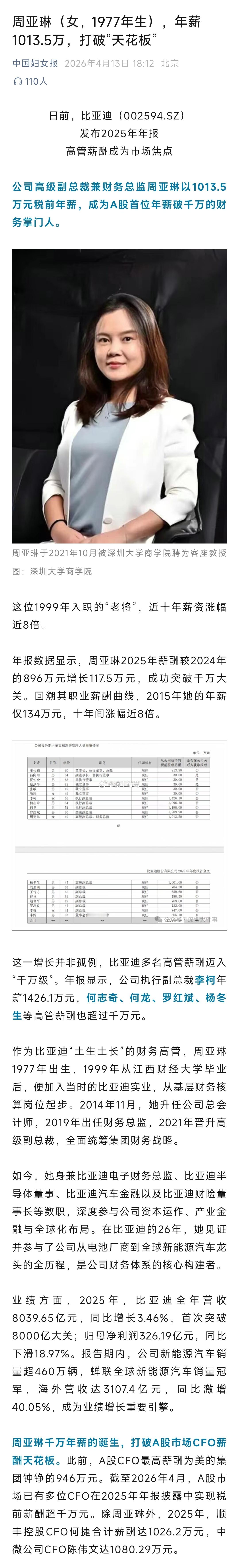 比亚迪女总管年薪千万，平均一天工资超2.7万，这才是真正的9亿少女的梦。。 
