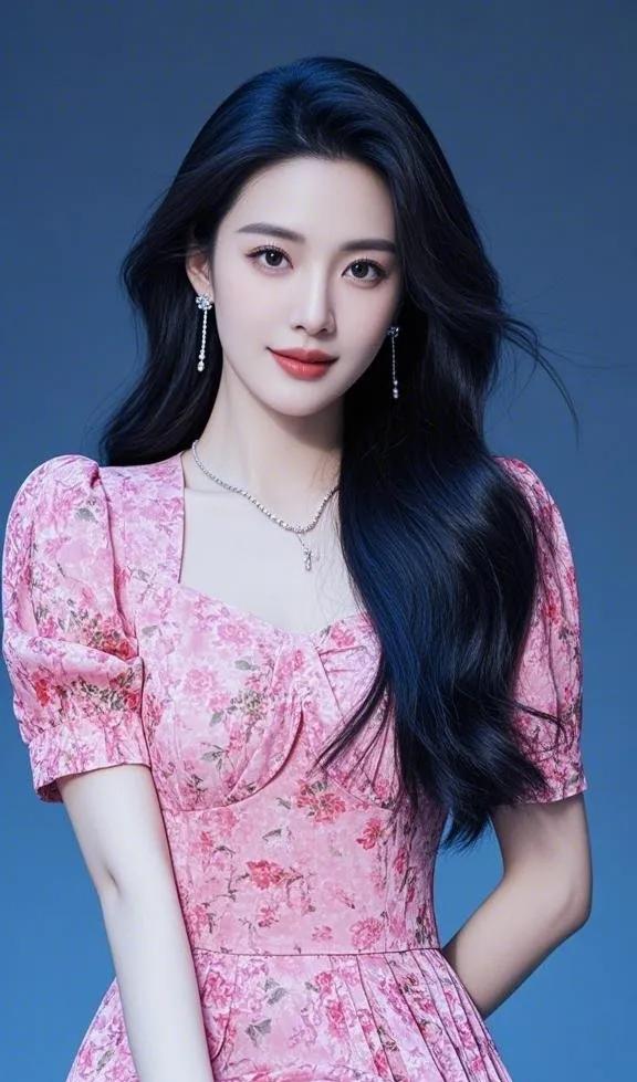 甜美少女风，粉色碎花裙，精致妆容，优雅微笑。