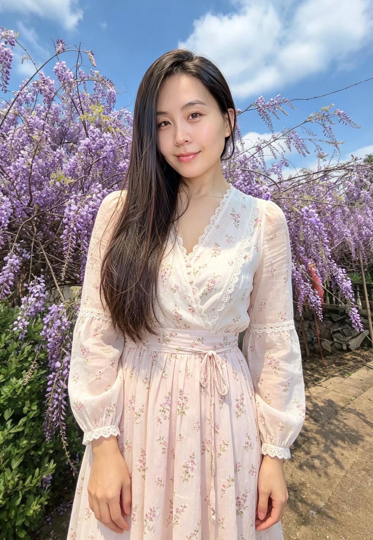 紫藤花下立芳尘，浅素罗衣映紫春。
袖底风轻香暗度，一眸清浅醉伊人。