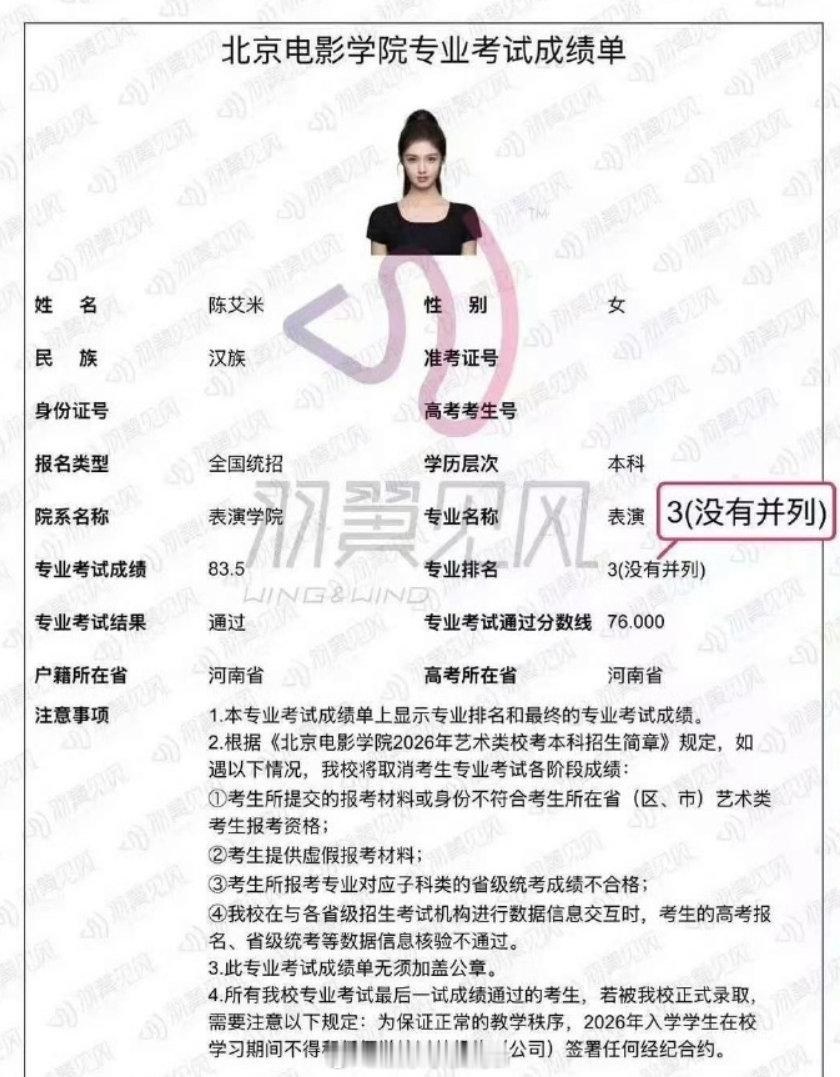 艾米北电表演系第3 网传艾米北电专业考试成绩单，表演系第3！妹妹厉害啊！ 