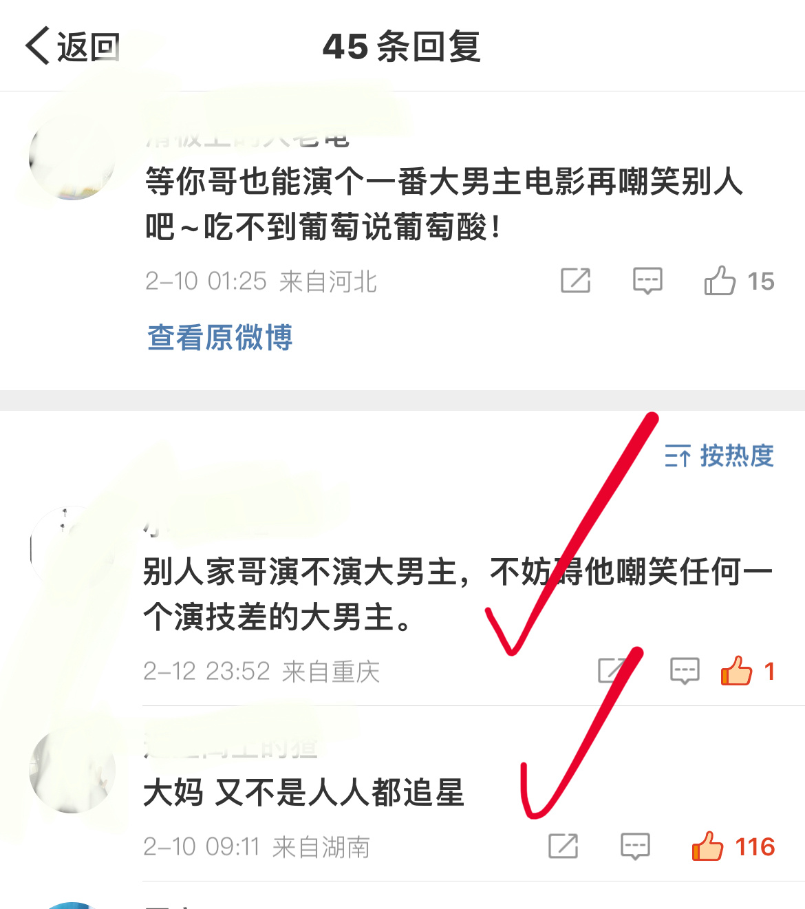 在一条客观表述的微博下面，粉丝说……网友说……对！别人家孩子演不演大男主，都不妨