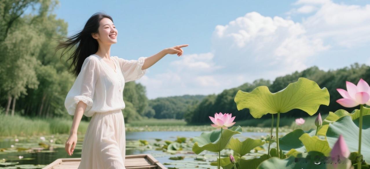 半池莲动遮罗袖，
曲岸风摇姜步柔。
粉面含娇嗔日色，
轻舟笑指轲云游。