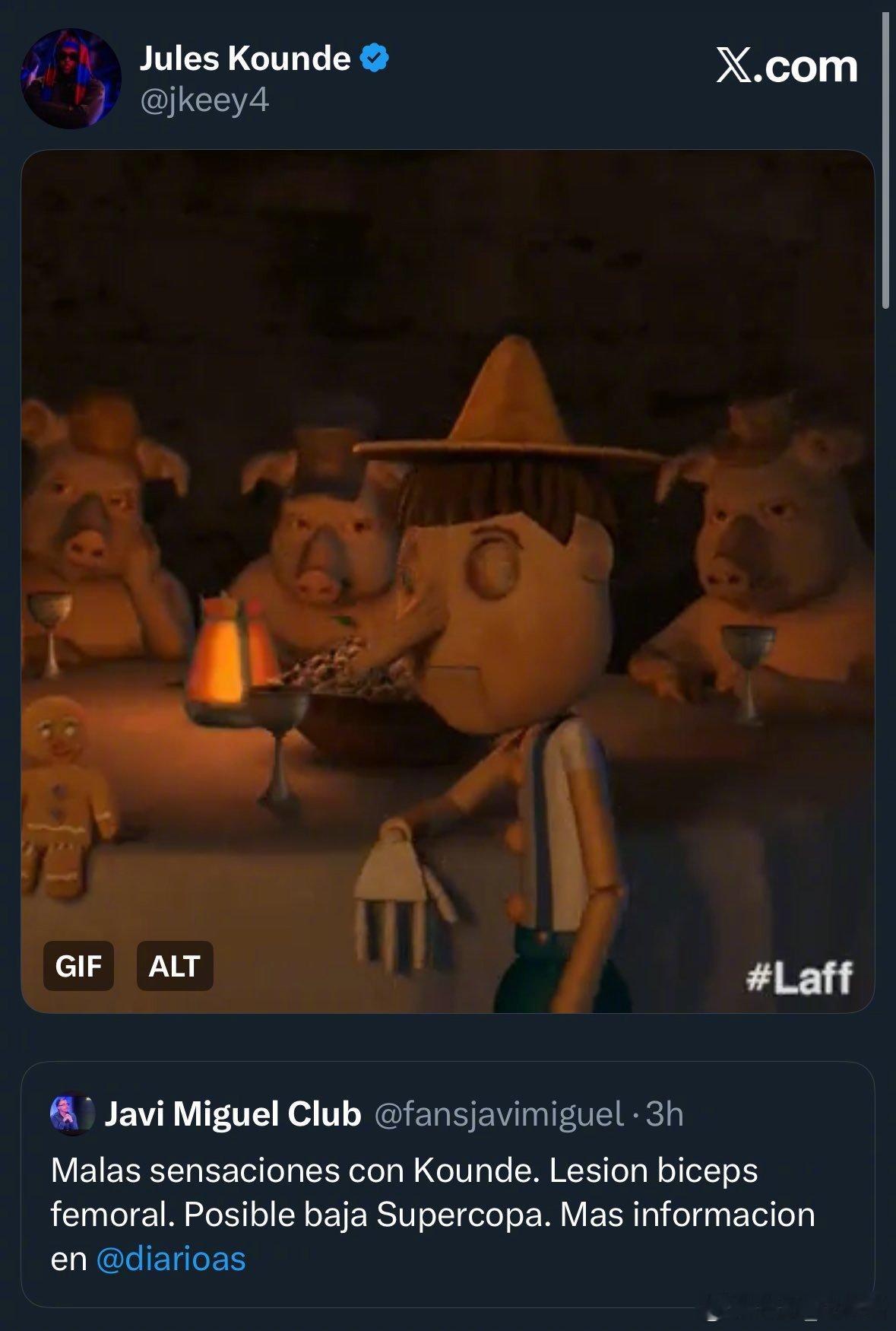 图：在比利亚雷亚尔比赛中提前被换下的朱尔·昆德，赛后在推特上转发记者哈维·米格尔