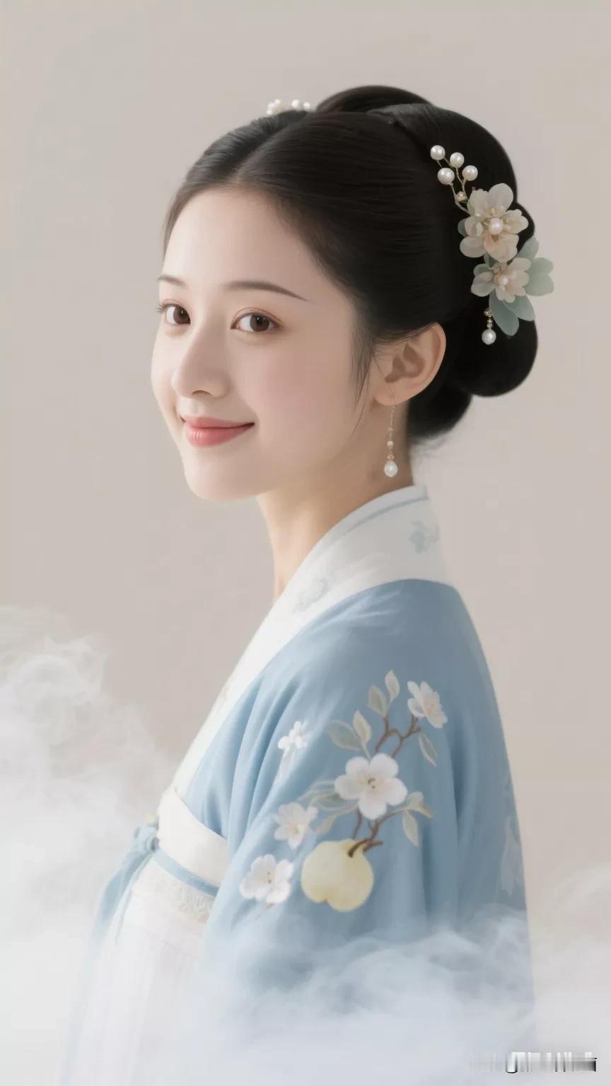 温柔古典，花间美人，一袭蓝衣，笑靥如花。张立启原创书画AI作品古仕女发髻集锦首发