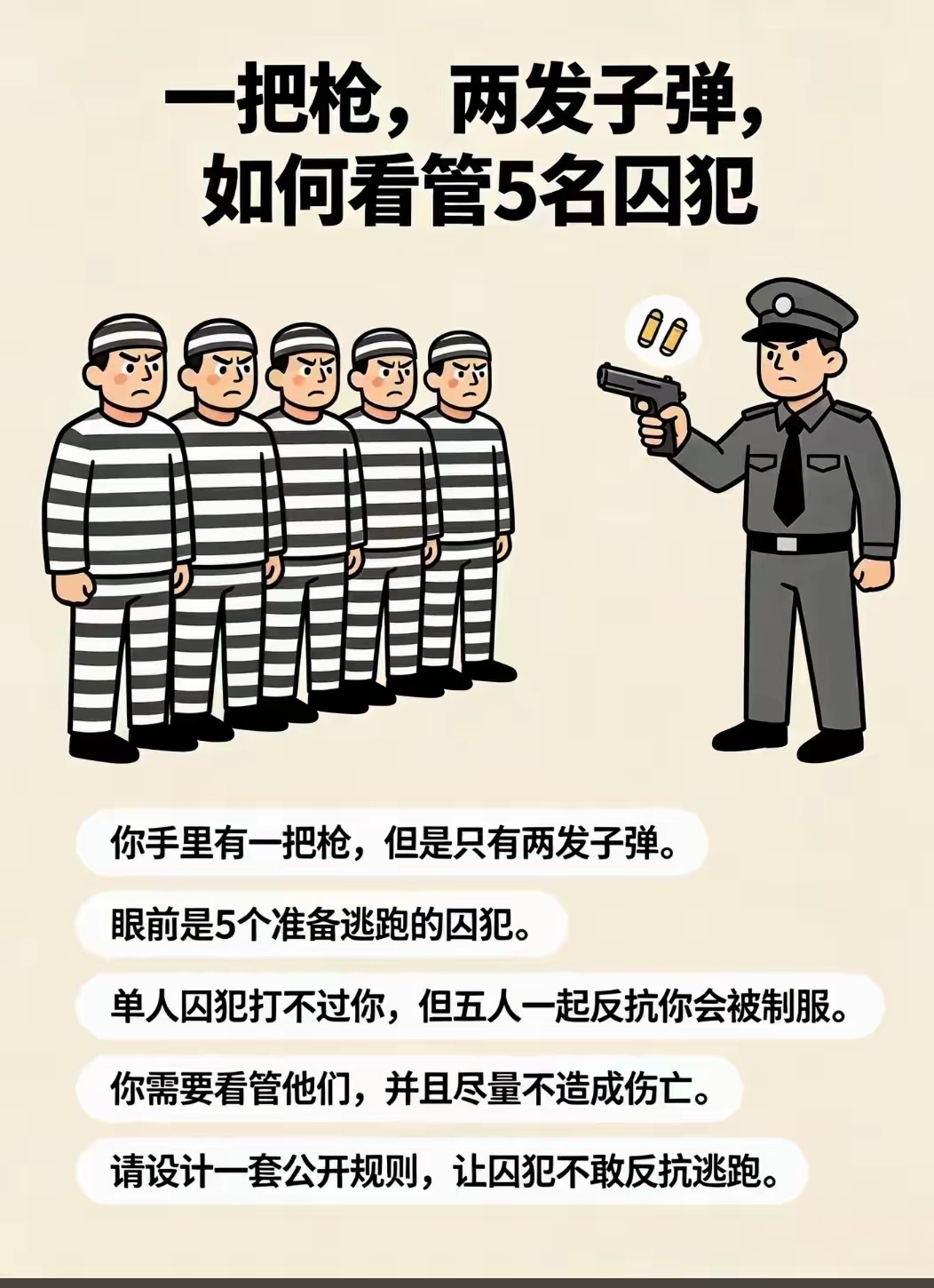 只有两发子弹怎么看住五名囚犯 