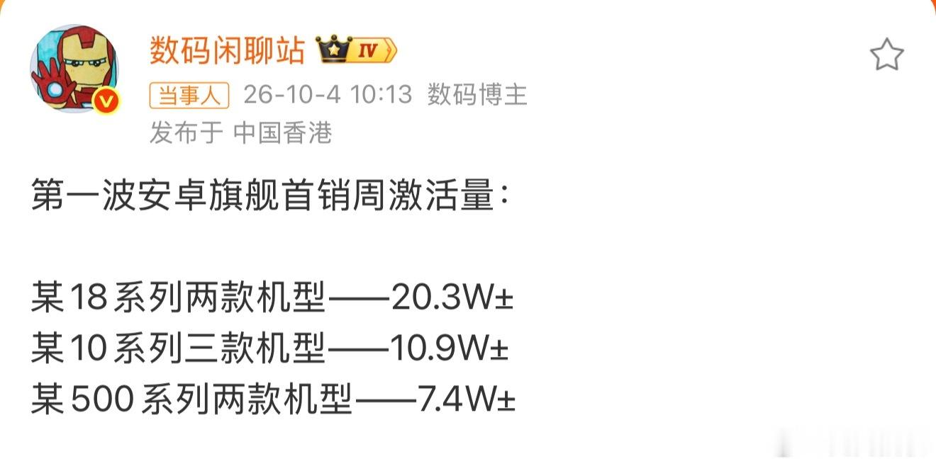 数码闲聊站晒安卓旗舰首销周激活量小米18 Pro两款机型首销周激活大概20万台，