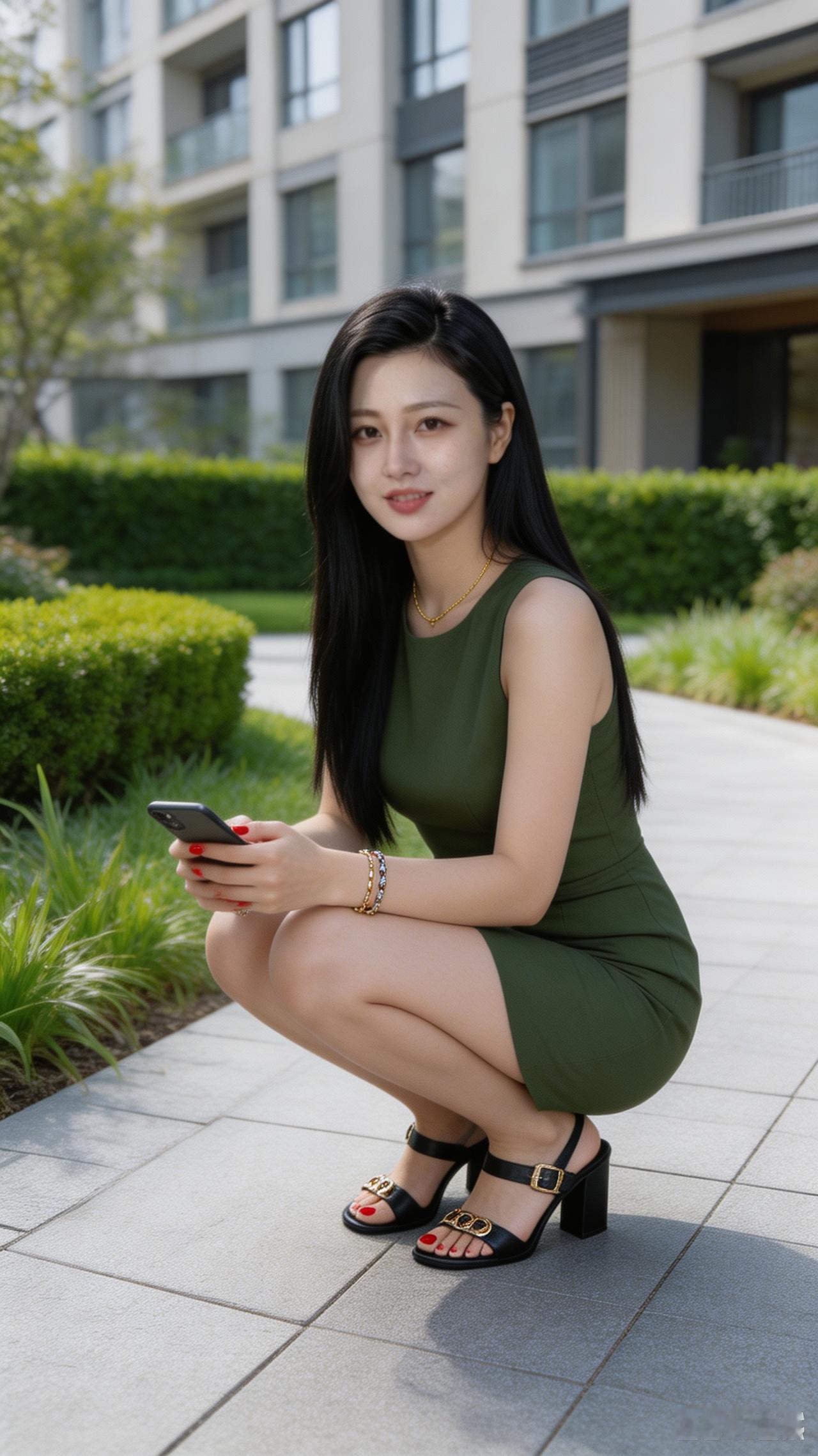 一个女孩在户外蹲着看手机。
