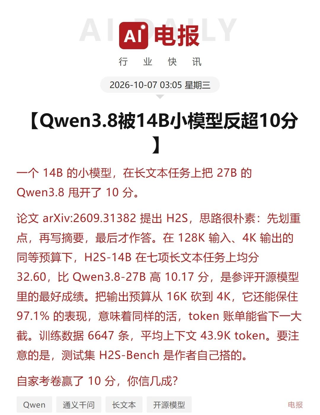 Qwen3.8被14B小模型反超10分
一个 14B 的小模型，在长文本任务上把