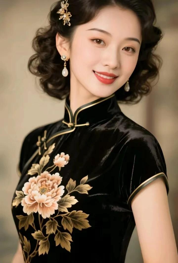 旗袍华贵显娇容，
黑底牡丹韵味生。
一袭旗袍，流动风景。
国风古韵，千娇百媚。