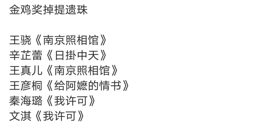 网友总结的金鸡奖掉提遗珠：
女主：辛芷蕾《日掛中天》、 文淇《我许可》 ​
男主