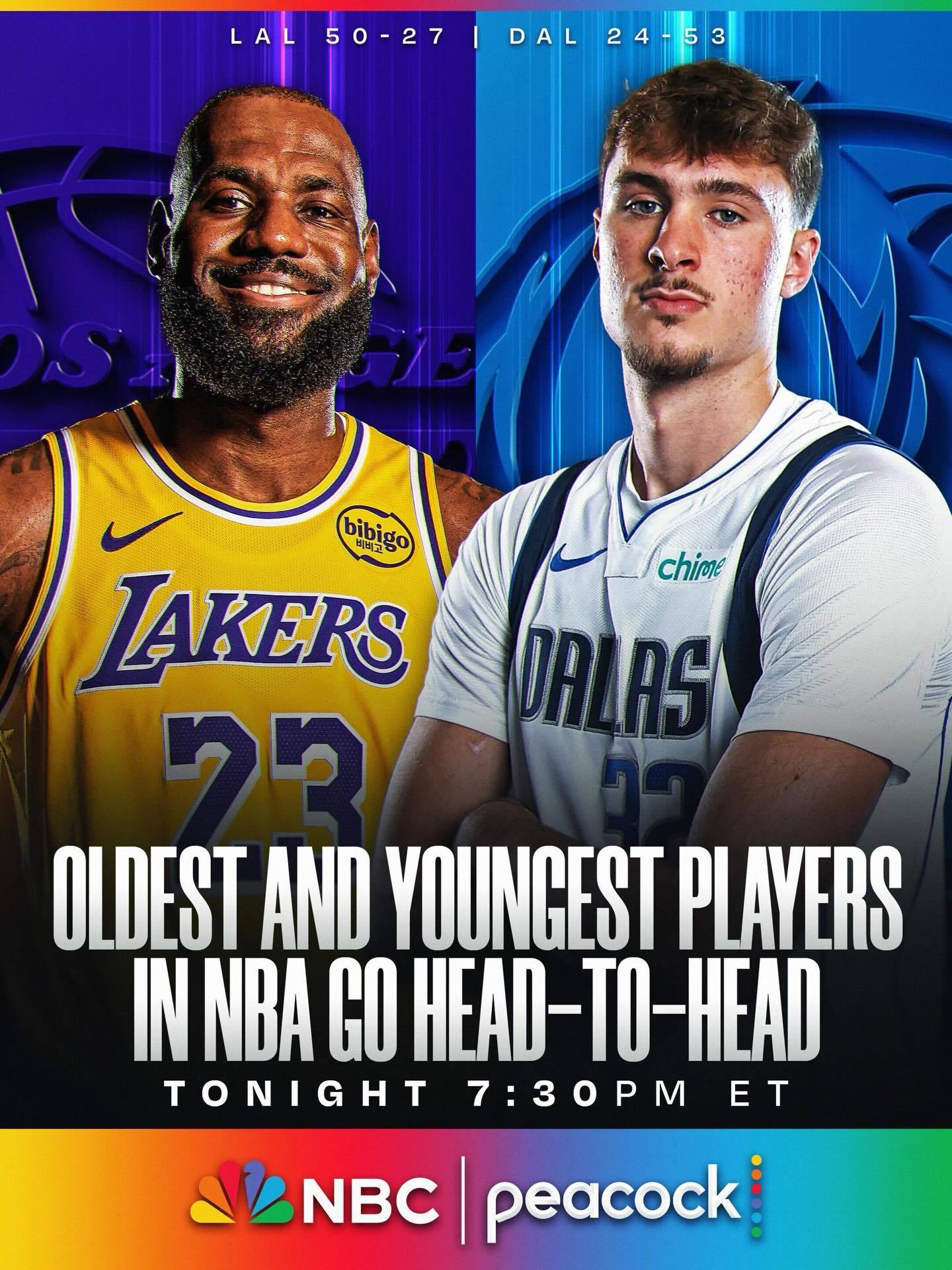 NBA官方预热本场看点：现役最年长球员和最年轻球员的直接对话湖人vs独行侠