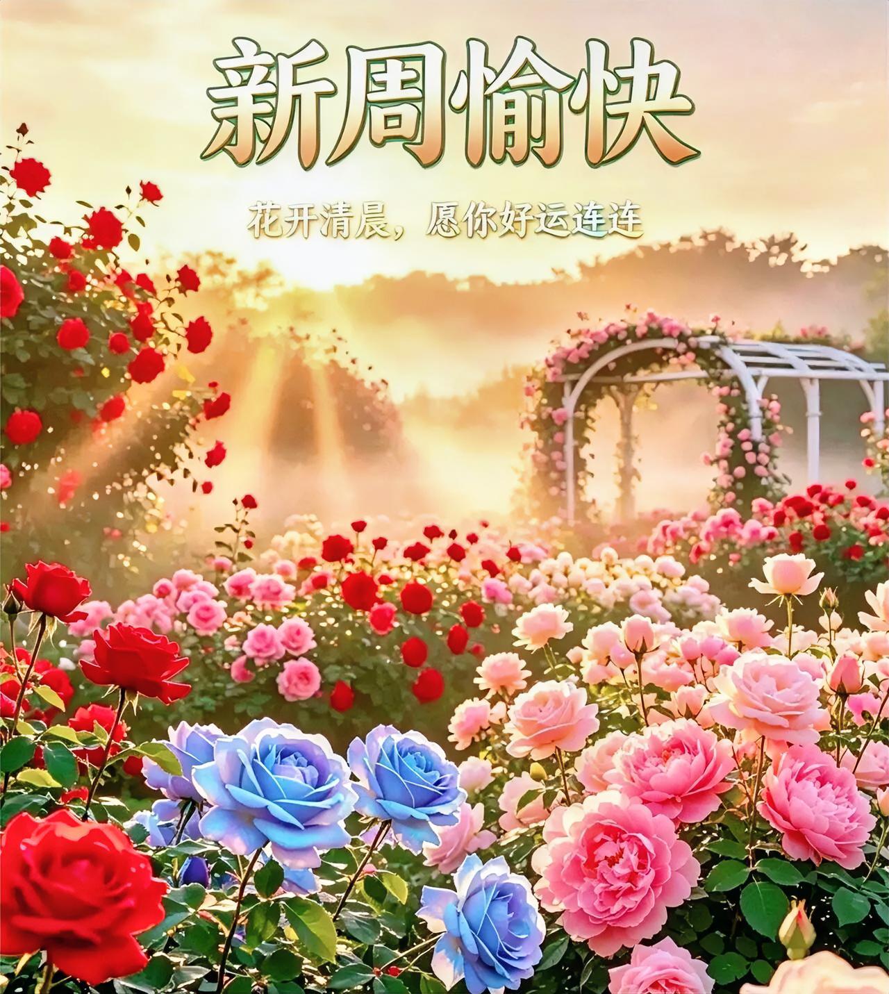 新周早安！晨光轻吻醒玫瑰，红粉蓝紫各色花色撞个满怀，好运如暖阳般铺满你心间。
今