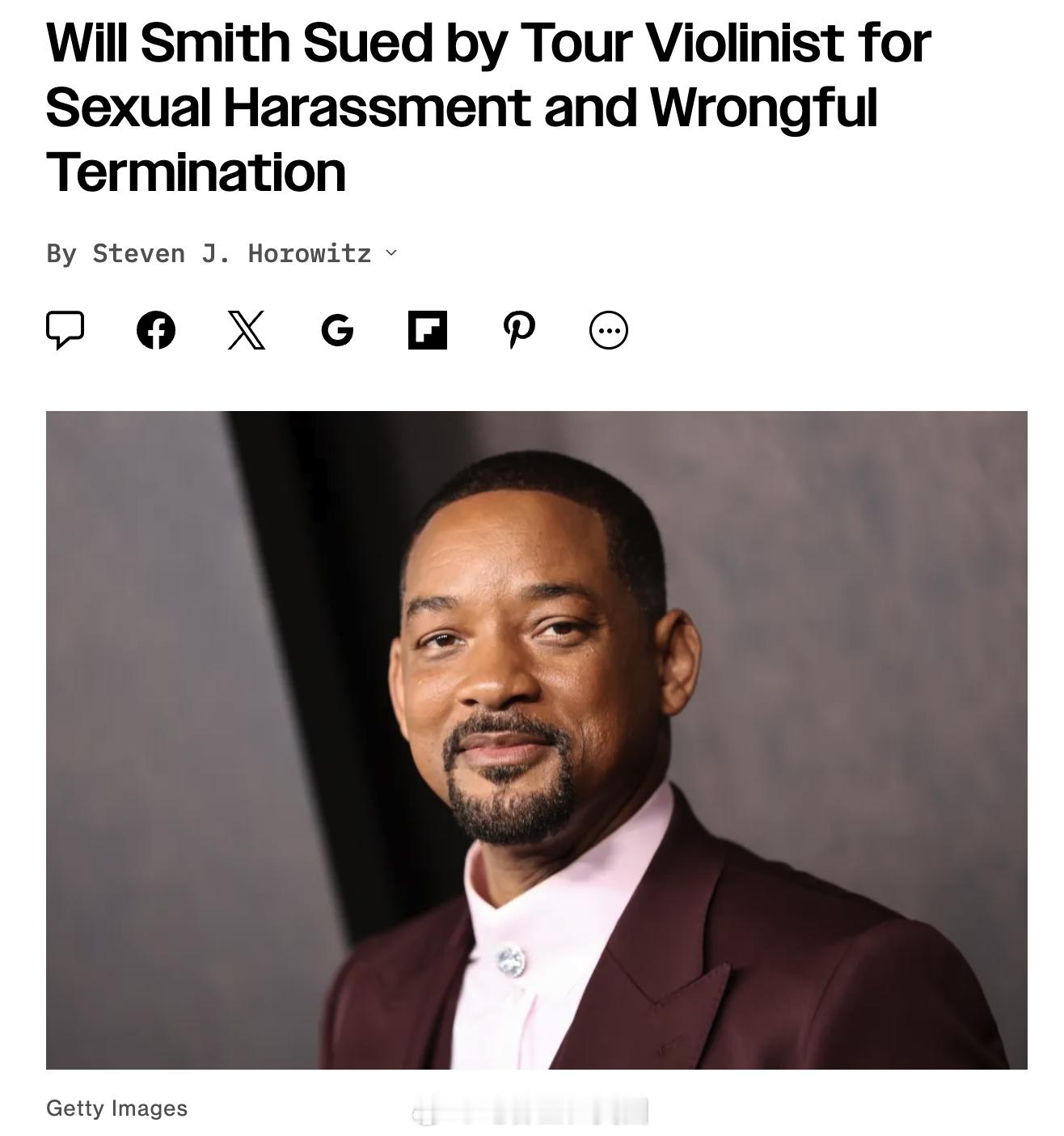 Will Smith被巡演小提琴手起诉，指控其性骚扰及不当解雇和报复行为。音乐人