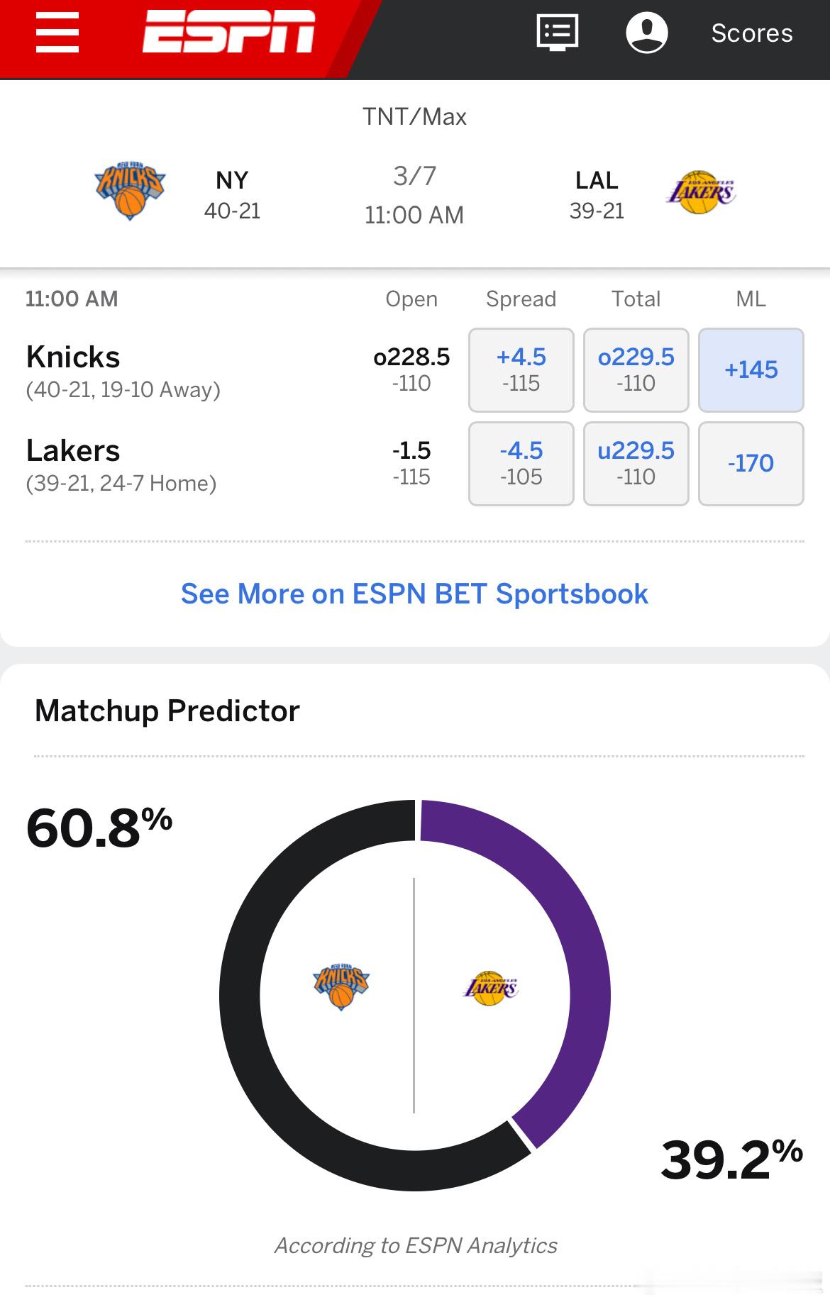 ESPN预测明天胜率：湖人39.2%，尼克斯60.8%[思考]尼克斯vs湖人 ​