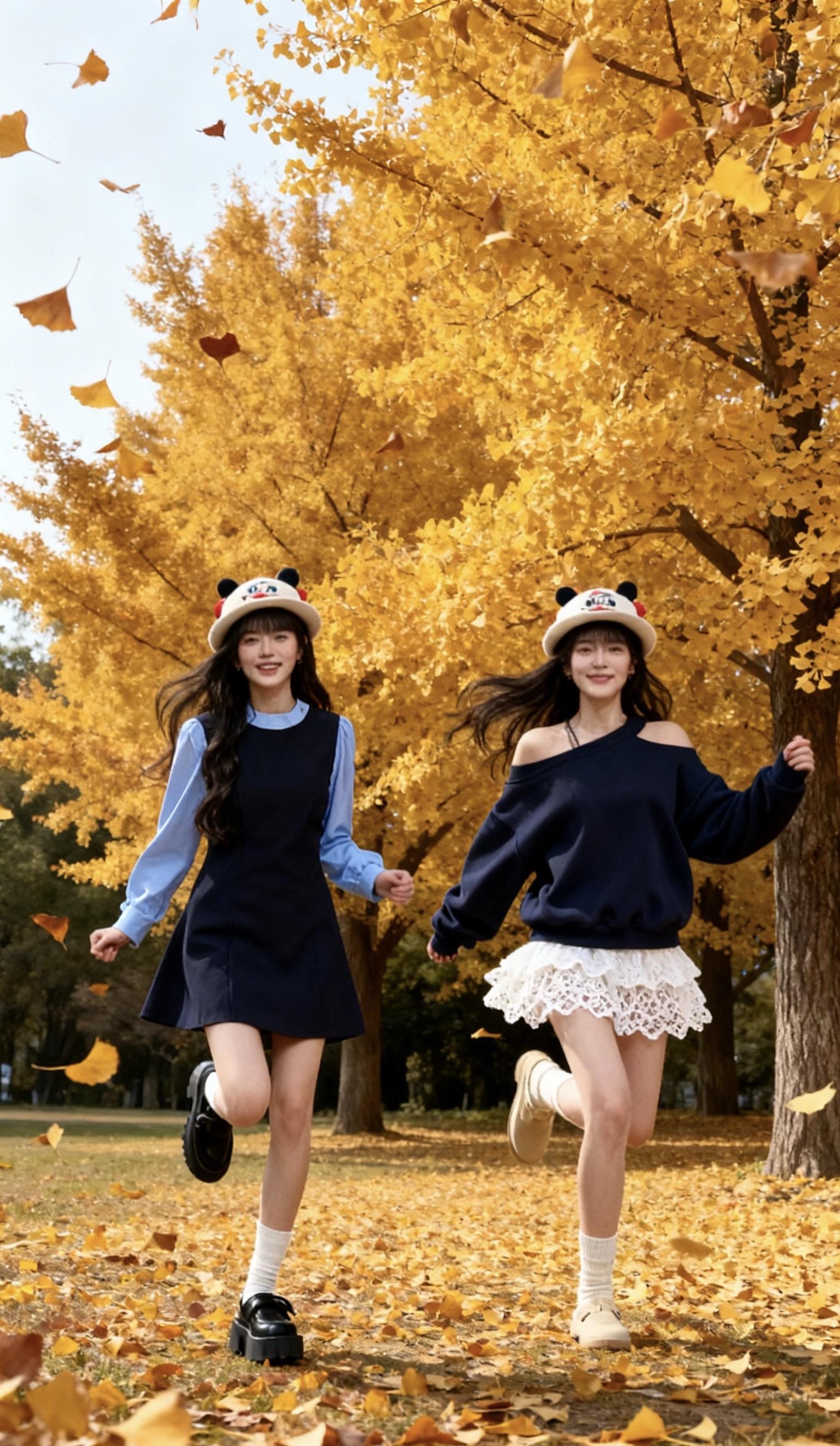 韩系学姐两件套。左女生穿蓝白拼接连衣裙，浅蓝色长袖衬得清新雅致，深蓝色...