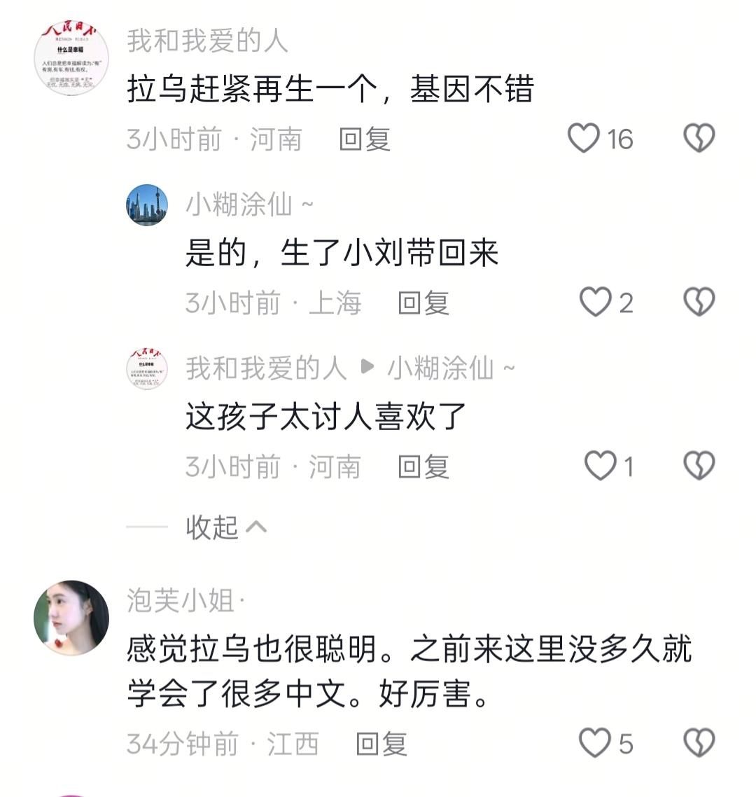 “拉乌赶紧再生一个，基因不错”这条评论挺有意思的。凯凯被网友完全从心里认可，喜欢