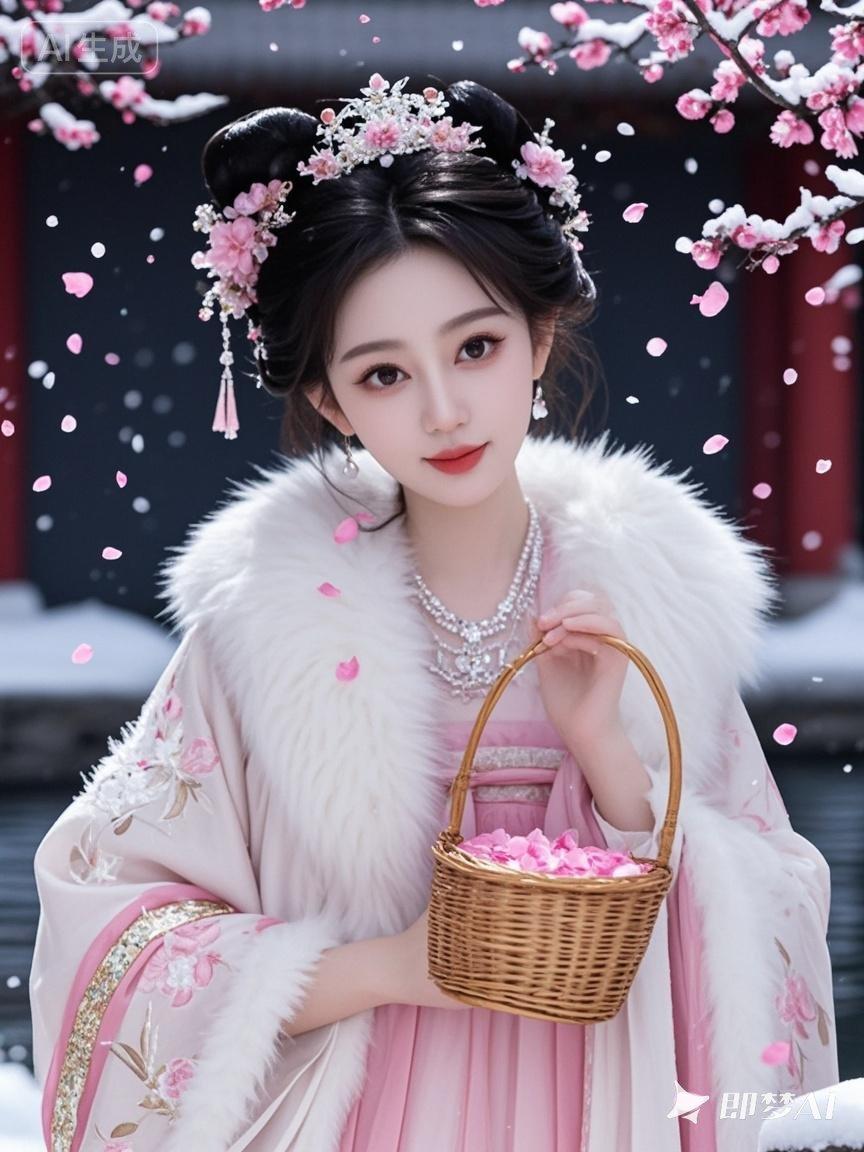 一位绝美的古风女子提着装满花瓣儿的花篮立在湖边。从花篮里伸手抓起花瓣儿洒进湖水里