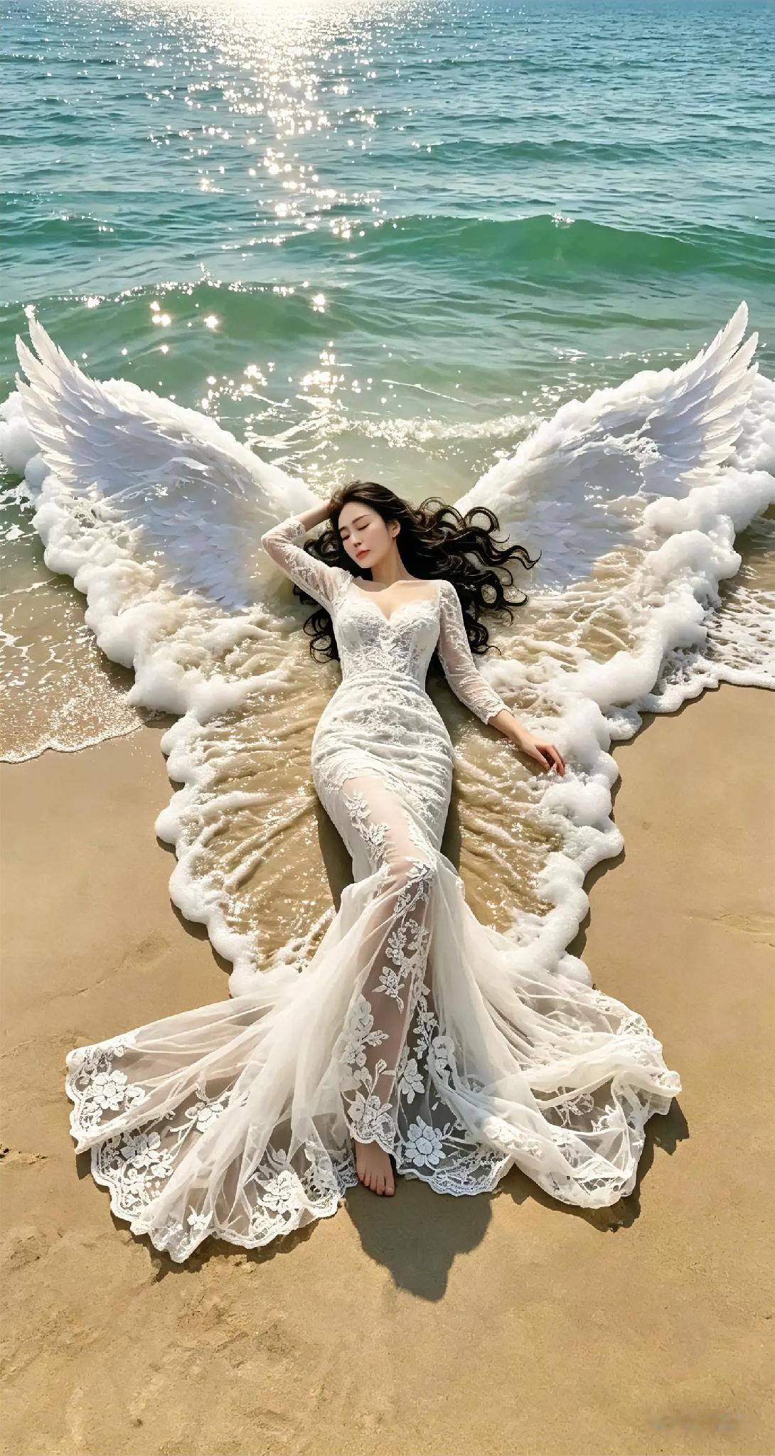 婚纱和大海的浪花相映成趣，这是婚纱还是浪花组成的形状呢？说说呗！

AI梦幻婚纱
