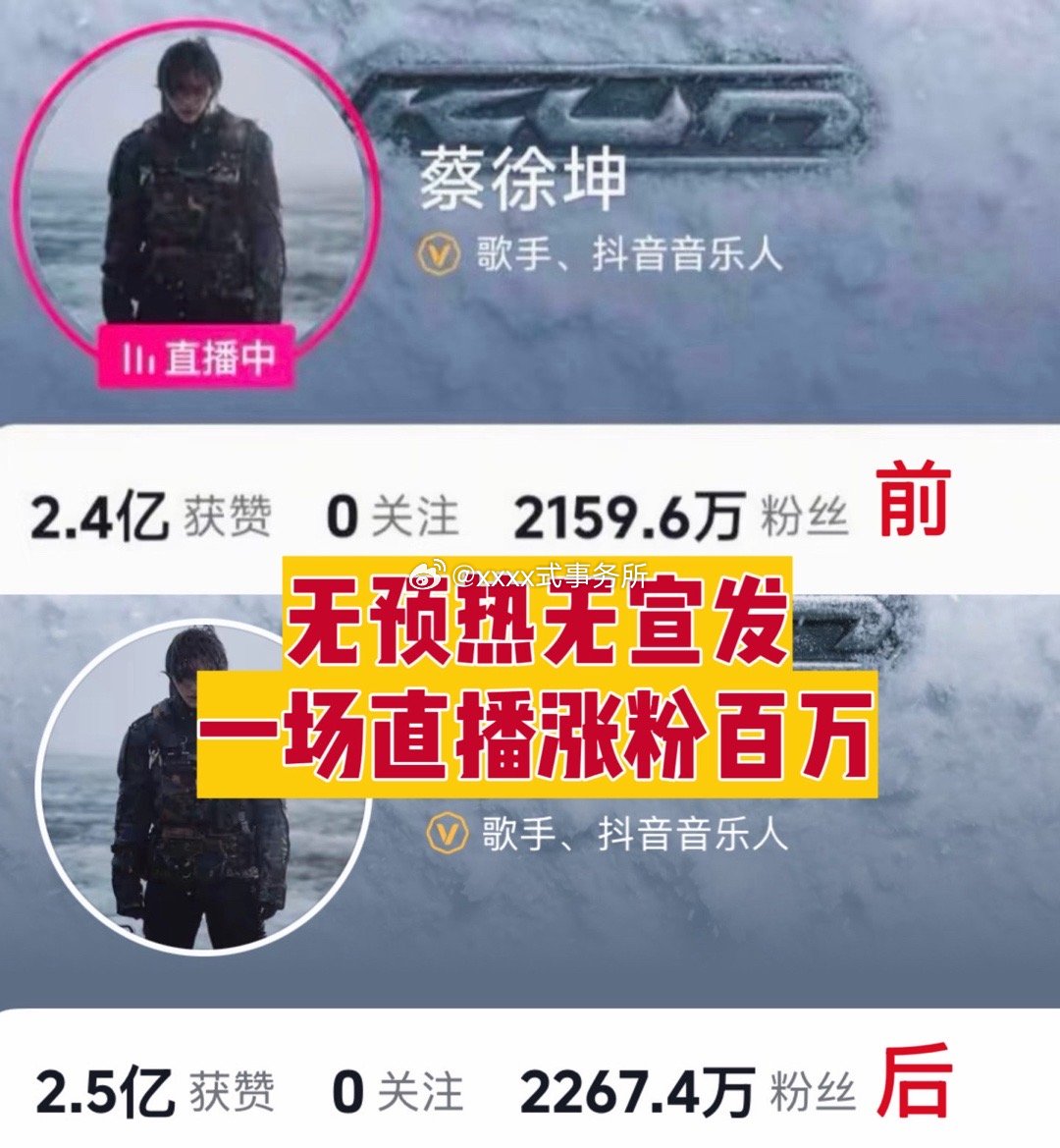 蔡徐坤🫘一场无预热无宣发的直播【涨粉百万】 ！同时在线人数73.3w 观看人次