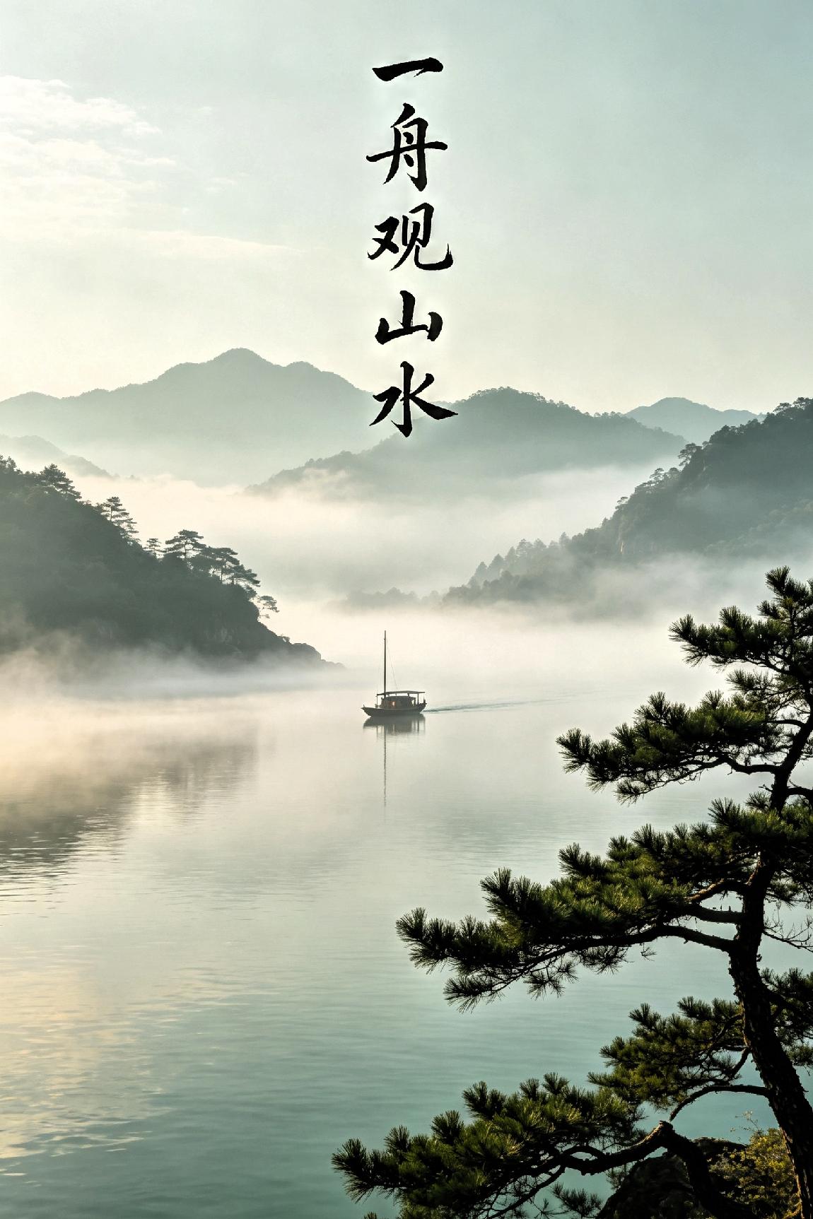 《一舟观山水》

 
云叠青峰锁淡烟，澄湖如镜照长天。

丹枫夹岸松筠秀，浅涧流