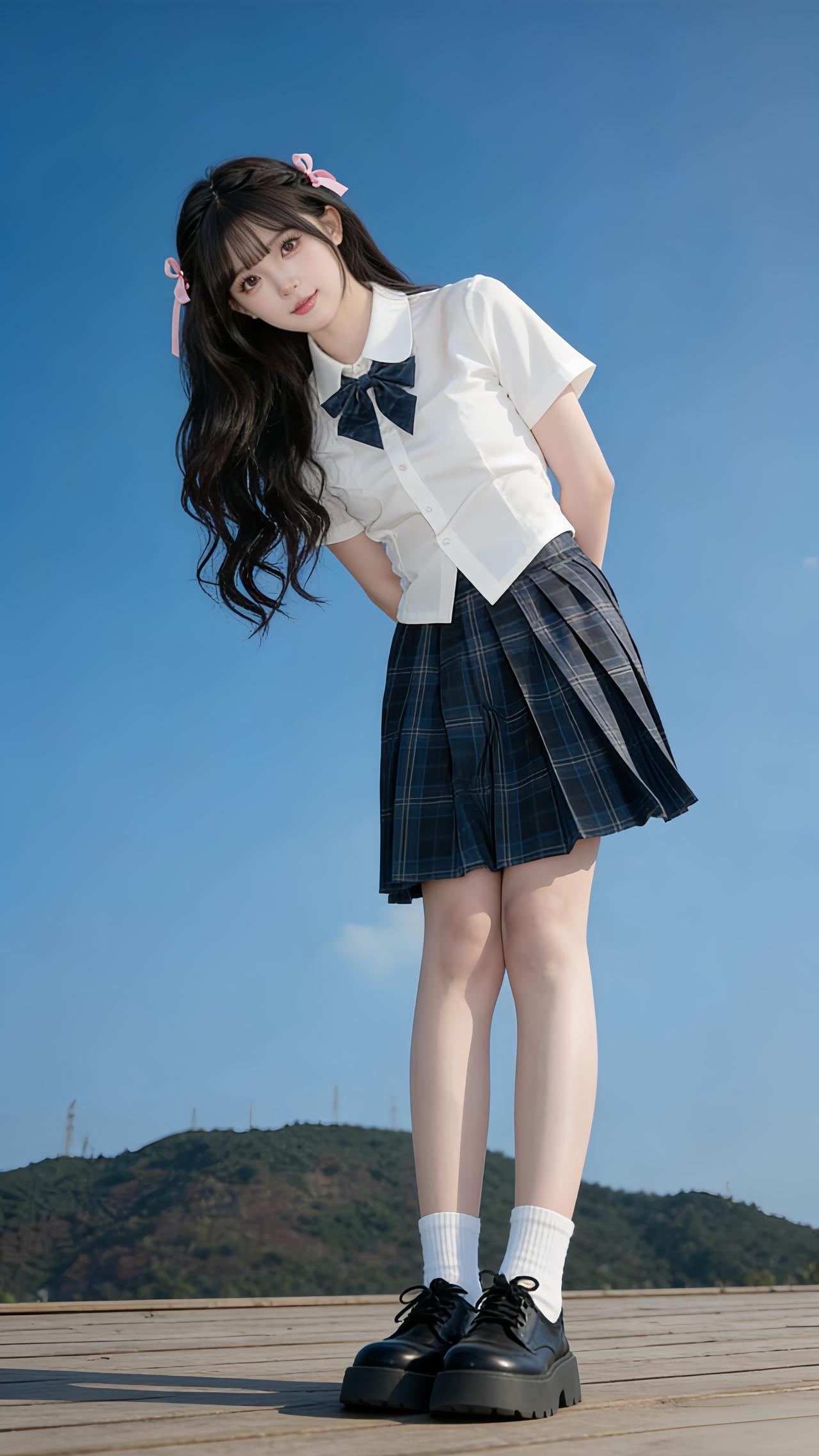 穿搭风格:经典甜系jk风格
 
少女的穿搭是经典甜系JK风格，以白与藏蓝格纹为主