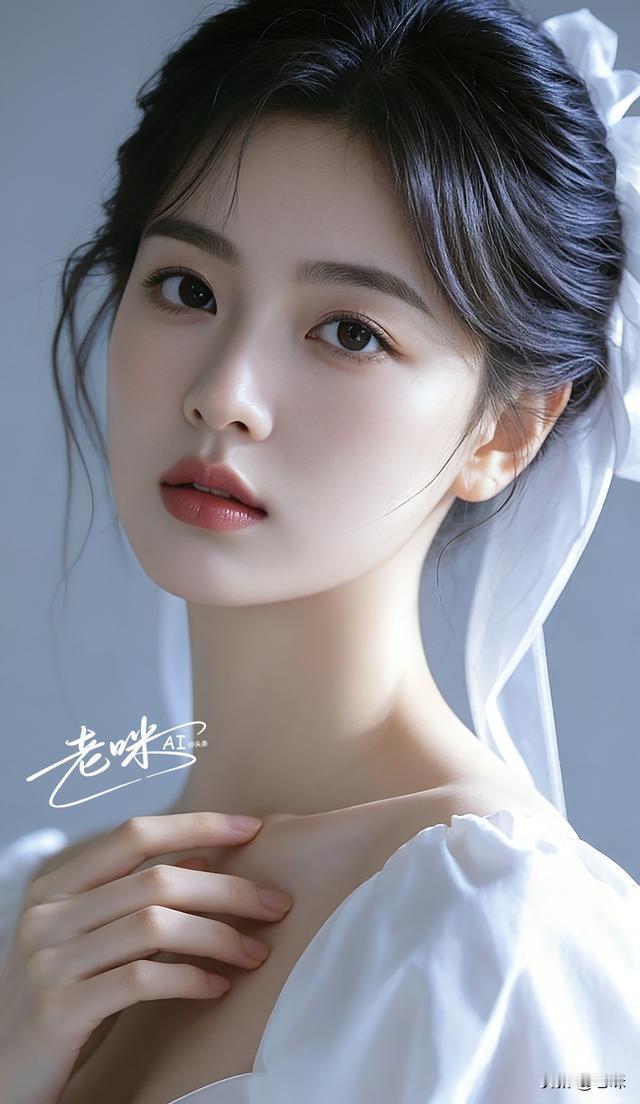 少女发髻蓬松柔和，发间系着轻盈的白色薄纱蝴蝶结，几缕细碎发丝垂落在脸颊，灵动自然