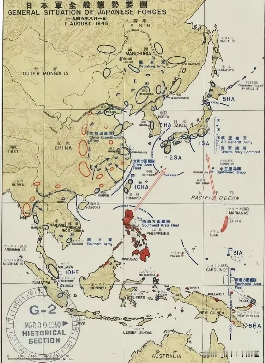 1945年日本陆海军的整体部署图，当时日本已经濒临战败，但全国的军力仍分布在各大