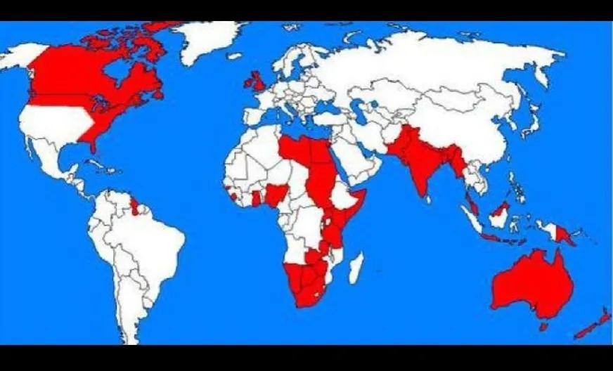 英国殖民分布全球，只要分布北美洲和澳大利亚等地方。英国当时控制面积为3300万平