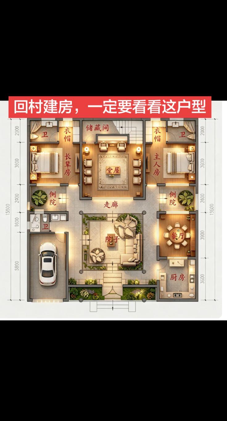中式一层合院，接地气又大气。回村建房，就想要个有堂屋、有院子的家。
这套一层中式