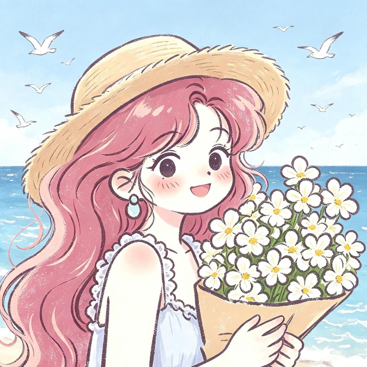 海边粉发捧花治愈女生头像
