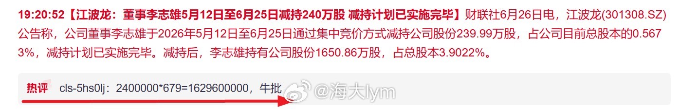 这热评……减持260万股，16个多亿 