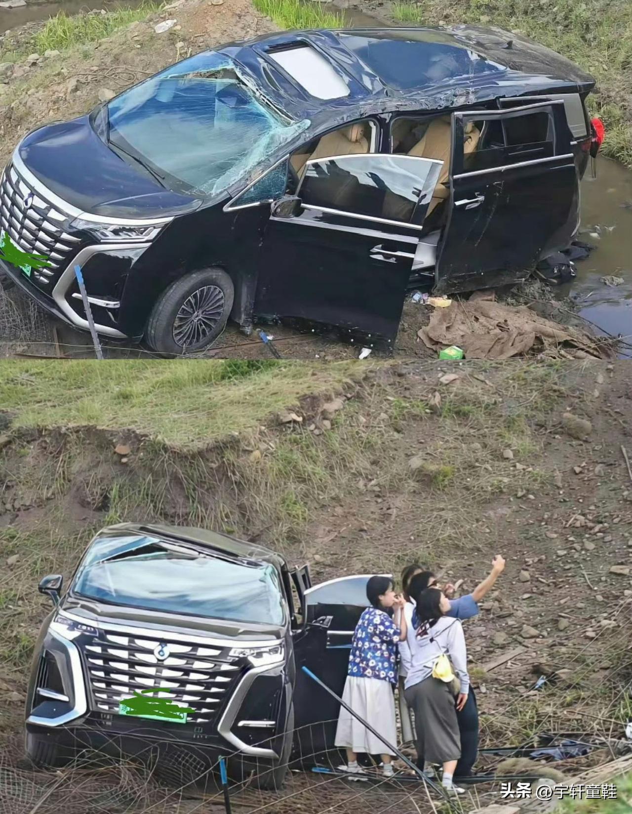 腾势D9：“出了事故，一车人都能整整齐齐的下车，我只能帮到这了！”
图中一辆腾势