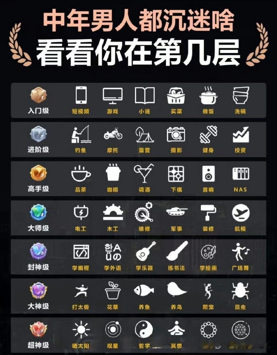 中年男人都沉迷啥？看看你在第几层

看样子还在入门级徘徊，不对晒太阳一下子超神了