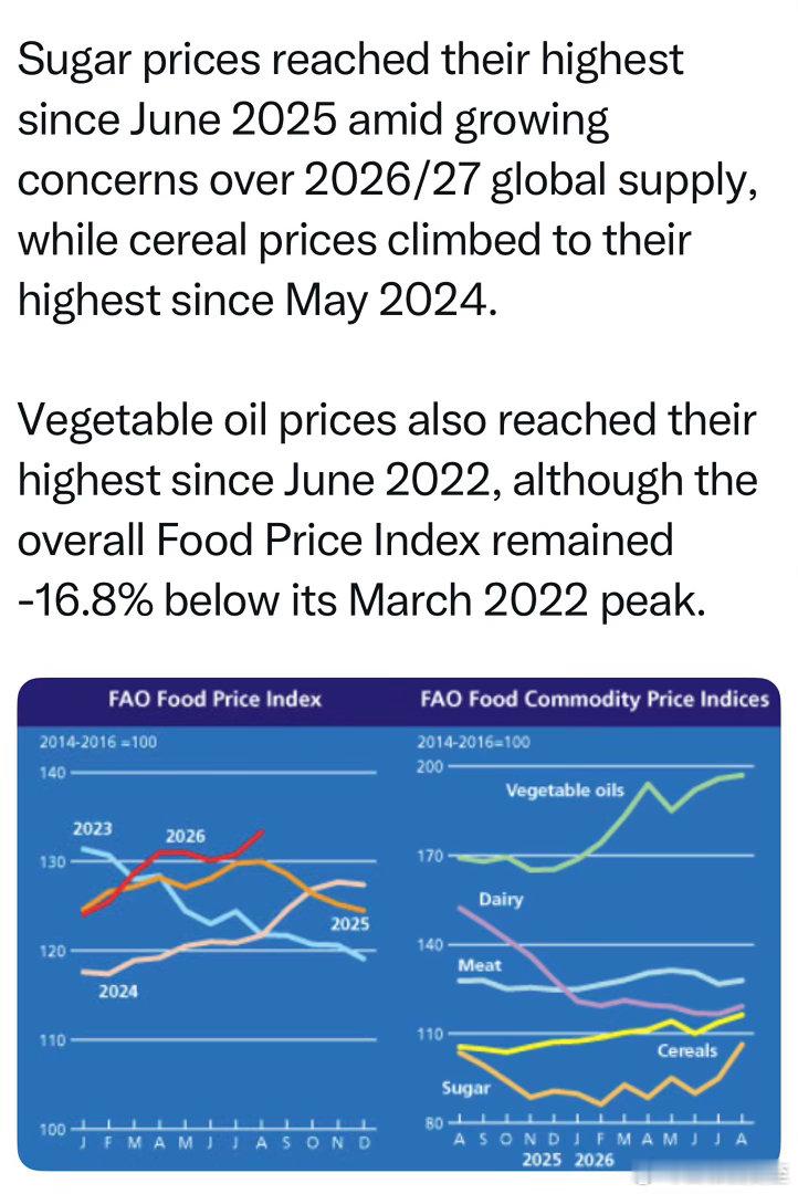 联合国粮农组织：八月食品价格指数，同比年增2.5%；每一个主要类别，价格都在涨糖