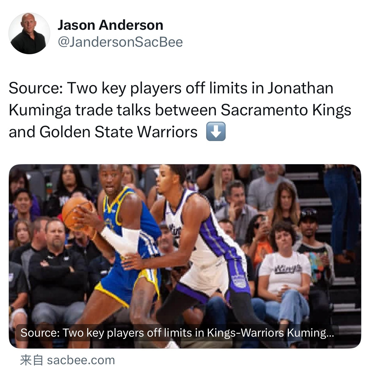 国王记者Jason Anderson：在涉及库明加的交易谈判中，国王已将穆雷和埃