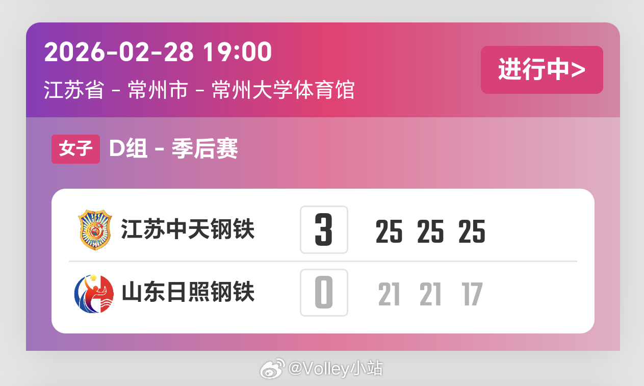 2025-2026赛季中国女子排球超级联赛季后赛第2轮，江苏女排3比0山东女排（