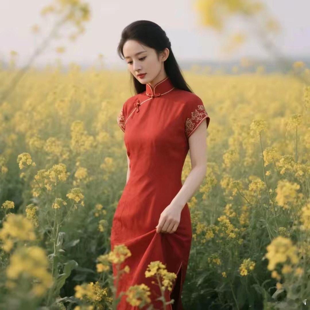 赵丽颖中国红旗袍油菜花田写真！好漂亮啊 ​​​