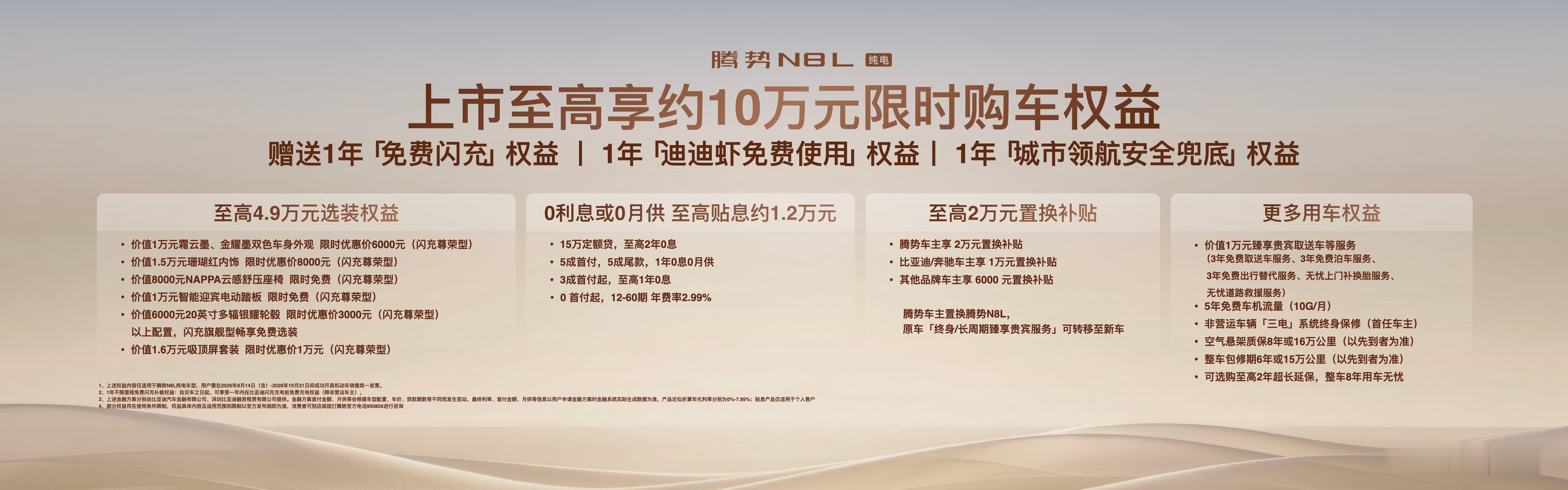 腾势N8L纯电上市腾势N8L纯电正式上市，两个版本指导价分别为29.98和32.