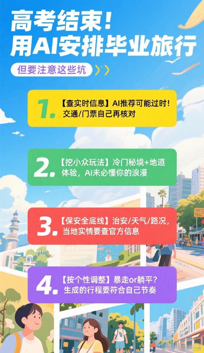 【用AI做毕业旅行攻略要注意啥】高考结束，毕业旅行安排起来！用AI做攻略确实方便