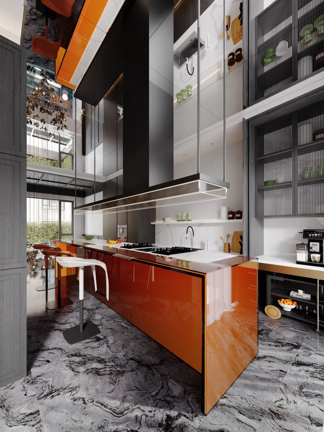 3米高挑空配上5米长岛台，发光厨房也能小酌
