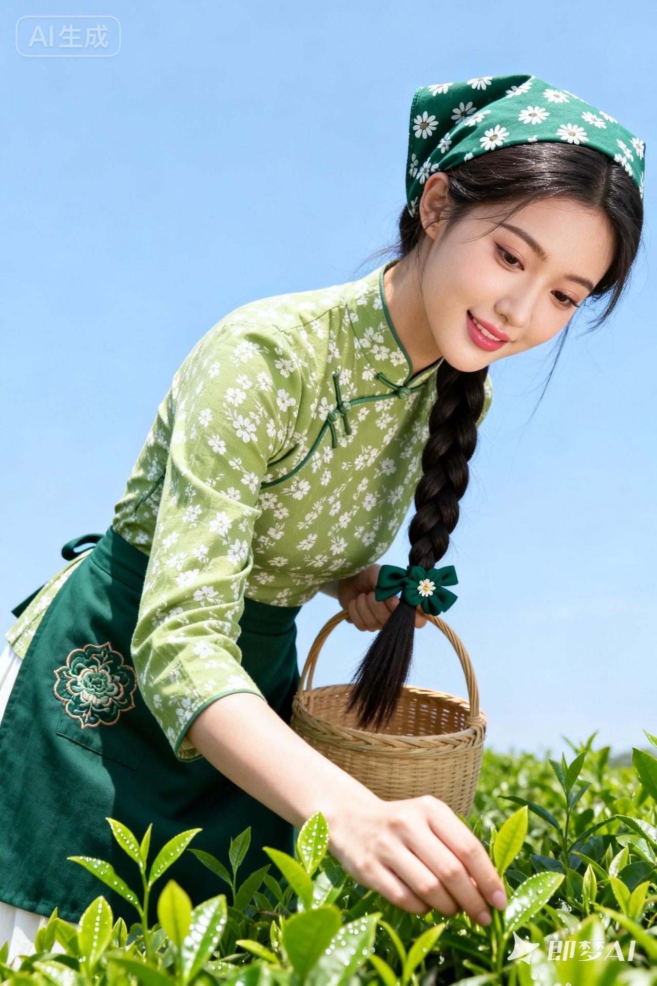 阳光下的茶园少女，采摘鲜嫩新茶，感受大自然的馈赠。
