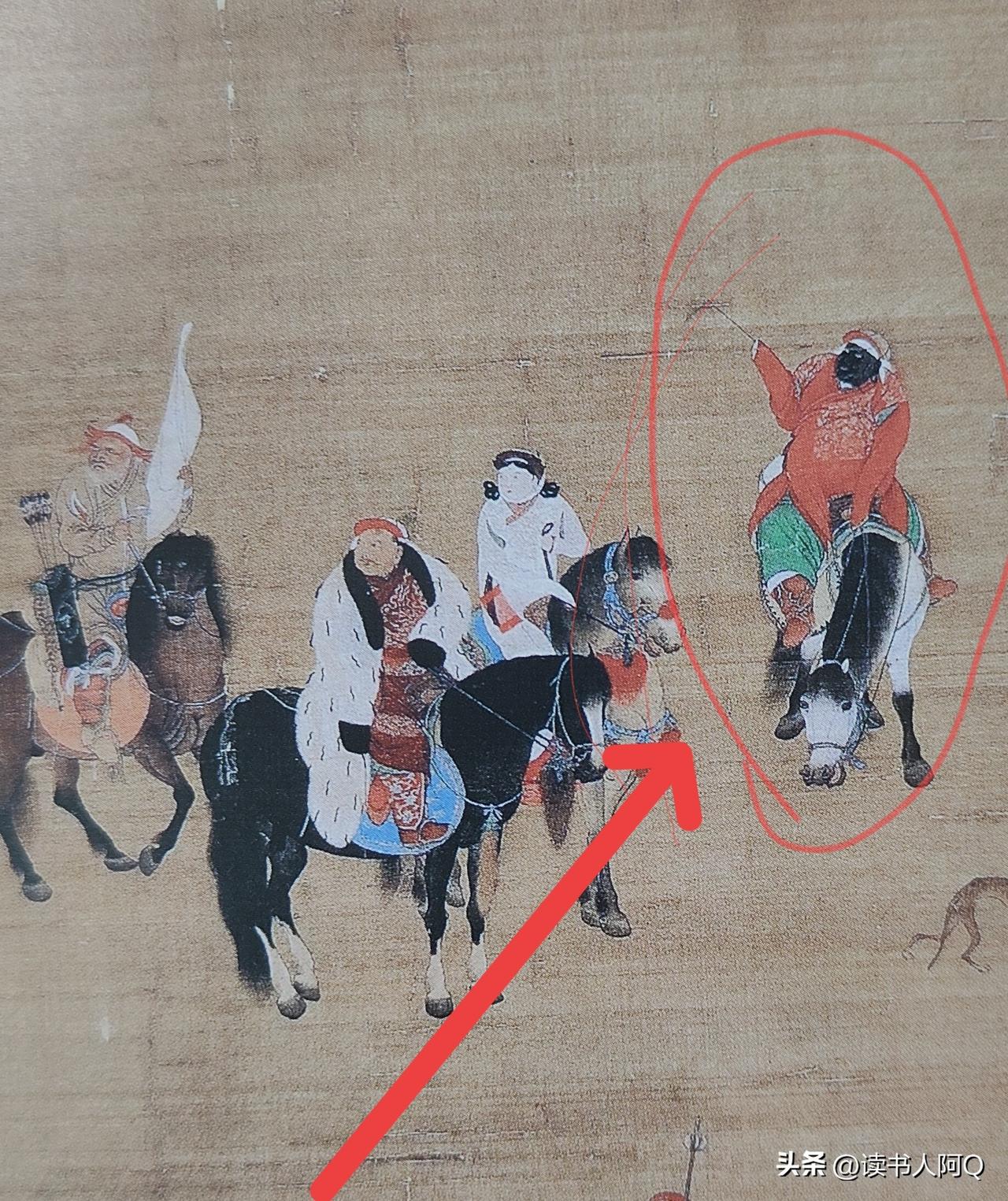 元朝名画元世宗出猎图上非常有趣的一个人物！
陪着元世宗出行的竟然是个黑人，你仔细