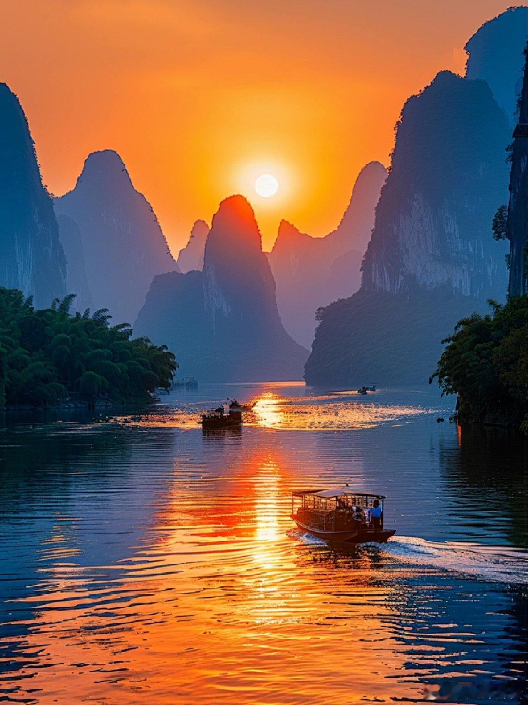 🌅落日把天空酿成橘色的酒，山峦、江海、孤树都醉在这温柔的黄昏里，每一缕余晖都是