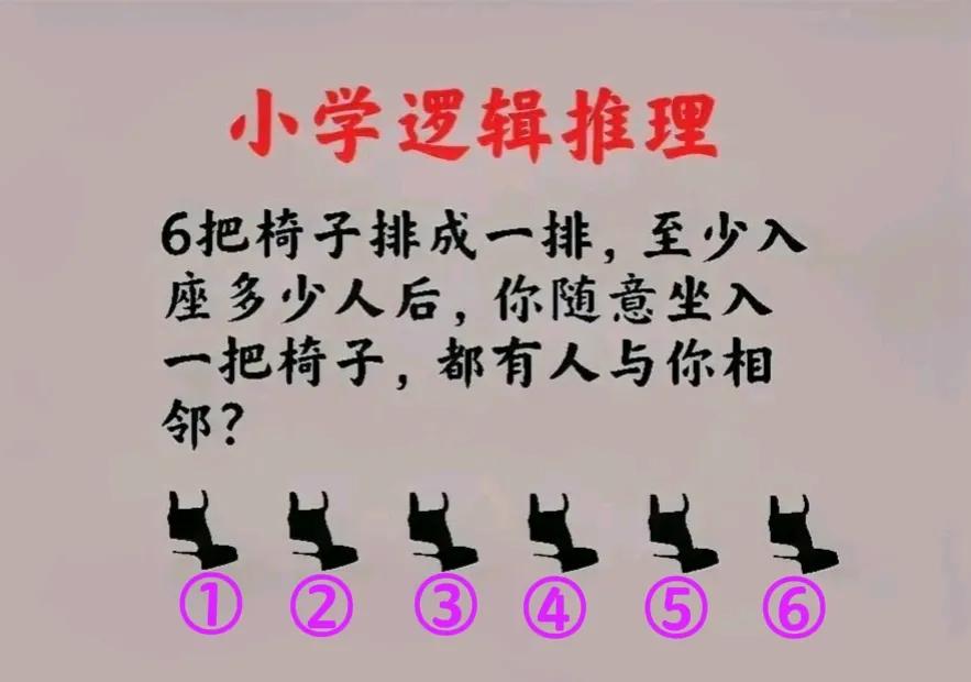 小学低年级逻辑推理：动脑又动手！如图，6把椅子排成一排，至少有几人入座后，你随意